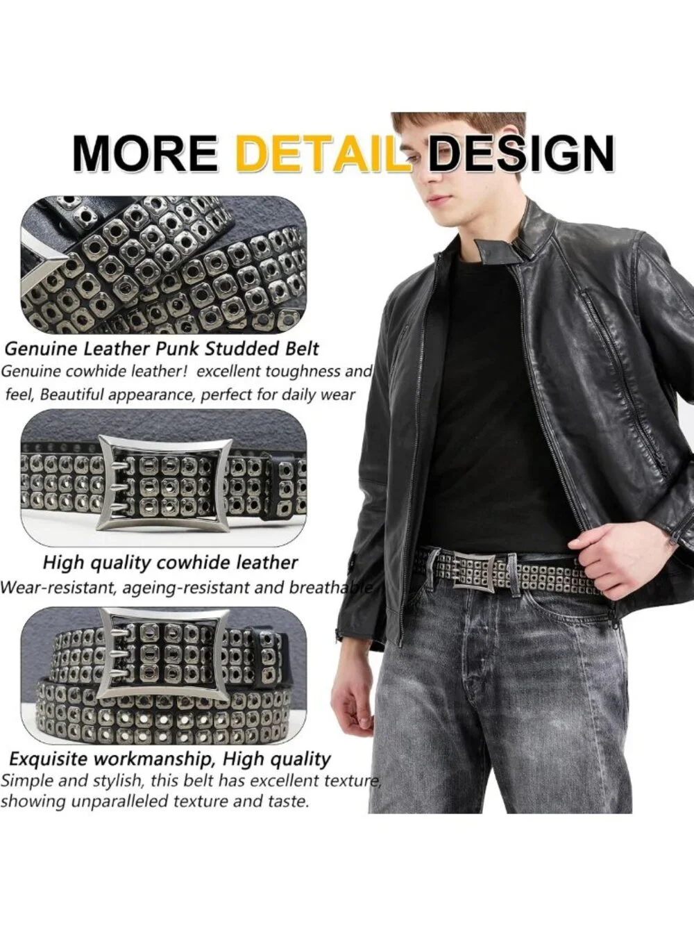 Unisex Genuine Leather Studded Punk Y2K Emo Belt - Stylish Accessory for All